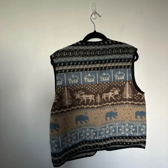 Vintage Vest Wool Neutral Evidence Pattern Brown and Blue Warm and Cozy Vest - Picture 8 of 13
